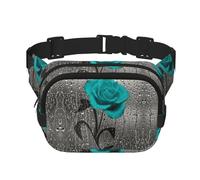Teal Gray Rose Flower Print Unisex Square Double Layer Waist Bag Trendy Crossbody Fanny Pack Travel Workouts, Black, One Size