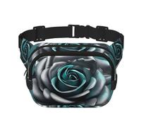 Teal Gray Rose Flower Print Waist Pack Square Waist Bag Workout Hiking Running Travel Gym Pretty Zipper Fashion