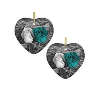 Teal Gray Rose Multi-Scenario Printed Christmas Ceramic Heart-Shaped Decorative Pendant