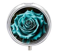 Teal Gray Rose Pill Box 3 Compartment Small Pill Case with Mirror for Purse & Pocket Travel Medicine Organizer Daily Medication Container Portable Pillbox Metal Medicine Box Round Meds Case