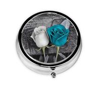 Teal Gray Rose Pill Box Metal Round Small Pill Case Cute 3 Compartment Pill Organizer Portable Travel Pillbox Mini Pill Container Holder for Daily Medicine Supplement Vitamin