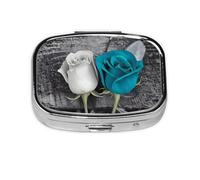Teal Gray Rose Print Pill Box Square Pill Case 2 Compartment Small Metal Medicine Organizer Portable Travel Pillbox for Pocket Purse Cute Mini Pill Container to Hold Daily Vitamins