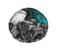 Teal Gray Rose Print Shower Cap, Lined Shower Cap For Women Reusable, Double Layer Waterproof Bath Cap