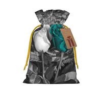 Teal Gray Rose Printed Christmas Drawstring Bags with Yellow Christmas Ribbon - Reusable Burlap Drawstring Gift Pouches, S