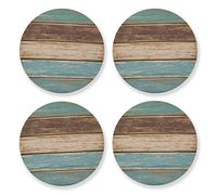 Teal Green Brown Retro Rustic Wood Texture Drinks Coasters, Non-Scratch Cork Base Round Cups Mats for Home Kitchen Bar Decor