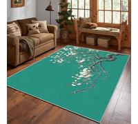 Teal Green Cherry Blossom Rug, Artistic Hand-painted Style Area Rug Large 240x340cm, Machine Washable Rug for Living Room, Bedroom, Non Slip Soft Carpet, Asian Style Home Decor & Gifts D#1184