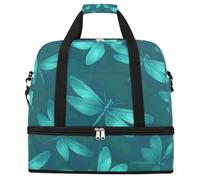 Teal Green Dragonfly Pattern Foldable Travel Duffel Bag Large Capacity Sports Gym Bag with Wet Dry Compartment Shoe Pocket Lightweight Carry On Overnight Weekender Bag for Women Men