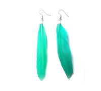 Teal Green Feather Earrings - Handmade Slim Look