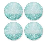 Teal Green Glitter Sparkle Confetti Turquoise Aqua Mint Diamonds 4 Set Wood Mug Coaster, Cup Mat Pad for Kinds of Mugs, Oversize Stone Coasters Holder with Cork Base Housewarming Drinks Gifts