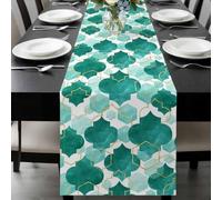 Teal Green Moroccan Table Runner 13x36 Inches Long Abstract Gradient Gold Geometric Cotton Linen Table Runner Burlap Style for Dinner Table Party Decor Tabletop Decorations