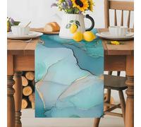 Teal Green Table Runner 13x70 Inches Long Gold Marble Abstract Cracks Crystal Modern Art Cotton Linen Table Runner Burlap Style for Dinner Table Party Decor Tabletop Decorations