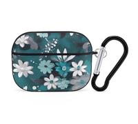 Teal Grey and White Floral Airpod Pro Case AirPods 2 Case for Women Hard Shell Protective Cover with Carabiner Keychain Compatible with AirPods Case 2nd 1st Generation, Front LED Visible Black
