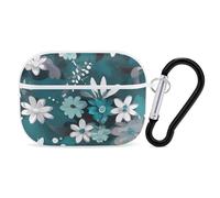 Teal Grey and White Floral Airpod Pro Case AirPods 2 Case for Women Hard Shell Protective Cover with Carabiner Keychain Compatible with AirPods Case 2nd 1st Generation, Front LED Visible White