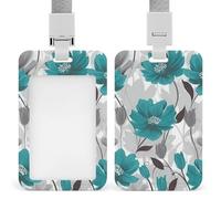 Teal Grey and White Floral Badge Holder with Lanyard - Waterproof Hard Plastic ID Card Holder Professional Name Tag Vertical ID Card Name Badge for Office Nurse Doctor Teacher