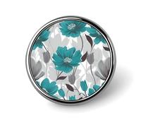 Teal Grey And White Floral Badges Circle with Button Design, Personalized Picture Pin Brooches, Round Badge Holders for Decorate Hat Shirt Clothing Bag Accessories