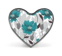 Teal Grey And White Floral Badges Heart with Button Design, Personalized Picture Pin Brooches, Heart Badge Holders for Decorate Hat Shirt Clothing Bag Accessories
