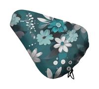 Teal Grey and White Floral Bike Seat Cover Waterproof Oxford Fabric, Universal Adjustable Bicycle Saddle Cover with Drawstring Easy Install Protective Rain Dust Covers for Women Men
