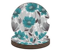 Teal Grey and White Floral Car Coasters, 4PCS Non-Slip Car Cup Holder Coasters with Cork Base, Heat Resistant & Waterproof Drink Coaster for Women Men