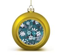 Teal Grey and White Floral Christmas Ball Ornament - 2.4 Inch Shatterproof Plastic Xmas Tree Decorations, Golden Christmas Tree Decor Hanging Ball for Holiday Wedding Party Decor