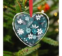 Teal Grey and White Floral Christmas Ornaments - Xmas Heart Hanging Ornaments for Christmas Tree Decorations, Farmhouse Rustic Holiday Home Decor and Gift Party Tags (3.5 Inch)