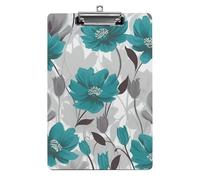 Teal Grey and White Floral Clipboard, A4 Acrylic Clipboard with Hanging Hole, Ultra-Light Clip Board - Holds 100 Sheets, Shatterproof Document Holder for Office, 12.5" X 8.5"