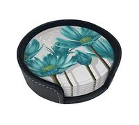 Teal Grey And White Floral Coasters For Drinks, 6 Pcs Leather Coaster With Holder, Round Cup Mat Pad Set For Home Office Table Decoration