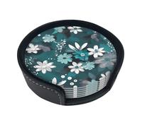 Teal Grey and White Floral Coasters Set of 6 with Holder Non-Slip Leather Coaster for Drinks Round Drink Coaster for Tabletop Protection, Cup Mat for Coffee Table Decor