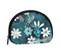 Teal Grey and White Floral Coin Purse Personalized Coin Bag for Women Men Change Purse Small Wallets with Zipper Mini Shell Coin Pouch Outdoor Shopping Change Storage Bag Handbags Gifts
