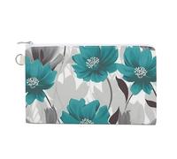Teal Grey And White Floral Coin Purses with Zipper, Personalized Zero Wallet for Shopping, Small Makeup Pouches Bag for Travel, Card Organizer Case, Portable Canvas Change Purses