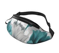 Teal Grey and White Floral Fanny Pack for Men Women, Waterproof Sports Waist Bag Fashion Belt Bag Crossbody Bags Hip Bum Bag with Adjustable Strap Large Sling Bag Purse for Travel Hiking