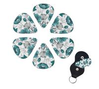 Teal Grey and White Floral Guitar Picks 6 Pack, 0.46mm Thickness Celluloid Bass Pick with Leather Guitar Pick Holder Keychain Abstract Art Pics Plectrum for Acoustic Electric Guitar, Ukulele, Bass