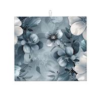 Teal Grey And White Floral - Kitchen Drying Mats for Dishes Washable Absorbent Dish Draining Mat Heat Resistant Drying Pad for Countertop 16 x 18 in