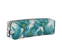 Teal Grey and White Floral Leather Pencil Case Zipper Pencil Pouch Pen Holder Case Stationery Bag for School Work Office