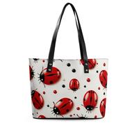 Teal Grey And White Floral Leather Tote Bag for Women Top Handle Purses Handbags Casual Work Tote Travel Shoulder Bag, Red Ladybug, 29*34*14cm