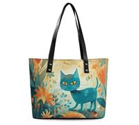 Teal Grey And White Floral Leather Tote Bag for Women Top Handle Purses Handbags Casual Work Tote Travel Shoulder Bag, Cat and Flower, 29*34*14cm