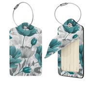 Teal Grey and White Floral Luggage Tag 1 PCS PU Leather Suitcase Tags Identifiers Travel Tags with Privacy Protection and Stainless Steel Loop Luggage Bag Tag for Women Men