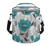 Teal Grey and White Floral Lunch Bag, 15L Portable Leakproof Picnic Basket with Shoulder Strap, Insulated Picnic Cooler Bag for Camping, Beach, Hiking & Groceries