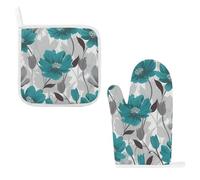 Teal Grey and White Floral Oven Mitts & Pot Holders Set - 2 Pcs Heat Resistant Oven Gloves with Hanging Loop, Kitchen Potholder for Cooking, Baking, BBQ, Microwave