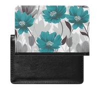 Teal Grey And White Floral Passport Holder with 3 Card Slots, Portable PU Leather Travel Wallet, Slim Protective Cover for Passport, ID, Credit Cards