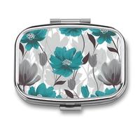 Teal Grey and White Floral Pill Box 2 Compartment - Small Metal Medicine Organizer Portable Pill Case for Purse Pocket Travel Vitamin Organizer for Men Women, BPA-Free
