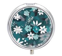 Teal Grey And White Floral Pill Box 3 Compartment Small Pill Case with Mirror for Purse & Pocket Travel Medicine Organizer Daily Medication Container Portable Pillbox Metal Medicine Box Round Meds Cas