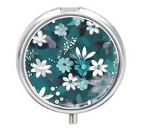 Teal Grey and White Floral Pill Box - 3 Compartment Travel Pill Organizer with Small Mirror, Portable Pillcase for Pocket & Purse, Cute Round Medicine Case, Weekly Medicine Container