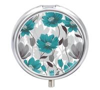 Teal Grey and White Floral Pill Organizer 3 Compartments, Round Small Pill Box for Purse & Pocket, Portable Daily Medicine Box to Hold Vitamins, Supplements, Pills, Fish Oil