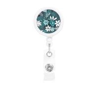 Teal Grey and White Floral Print Badge Holder Retractable Reel, with ID Alligator Clip Rotatable Buckle, for Nurse Teacher