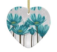 Teal Grey and White Floral Printed decorative ornaments, ceramic heart-shaped ornaments, can be hung on Christmas trees and fireplaces
