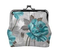 Teal Grey and White Floral Printed Leather Kiss-Lock Wallet for Women - Compact and Secure Coin Purse