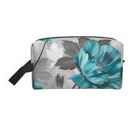 Teal Grey and White Floral Printed Makeup Bag Travel Portable Cosmetic Bag Large Capacity Makeup Case Toiletry Handbag Organiser for Women