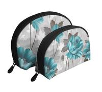 Teal Grey and White Floral Printed Makeup Bags 2-Piece Portable Shell Travel Toiletry Bag Cosmetic Organizer Bag for Women