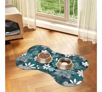 Teal Grey and White Floral Prints Bone-shaped pet meal mat | Absorbent, non-slip, durable, and easy-to-clean pet feeding mat