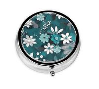 Teal Grey and White Floral Round Mini Pill Box, 3 Compartment Pill Box, Portable Pill Box, can be Put into Wallet, Pocket, Light and Convenient